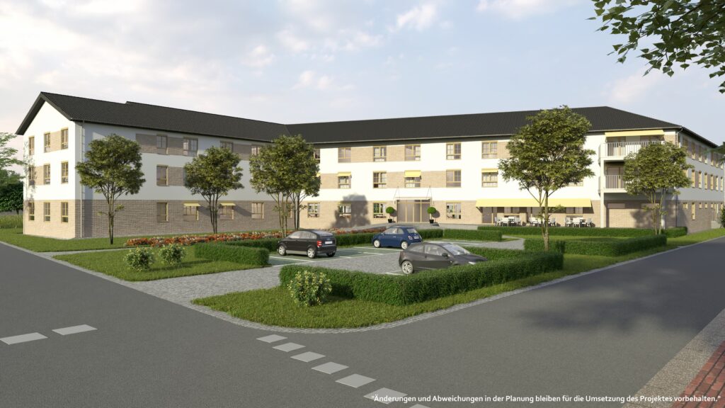 Visualisierung eines dreigeschossigen Gebäudekomplexes mit heller Fassade, Ziegelakzenten und begrünter Außenanlage – ideal für Immobilienpräsentationen, Neubauprojekte und architektonische Planungsunterlagen.